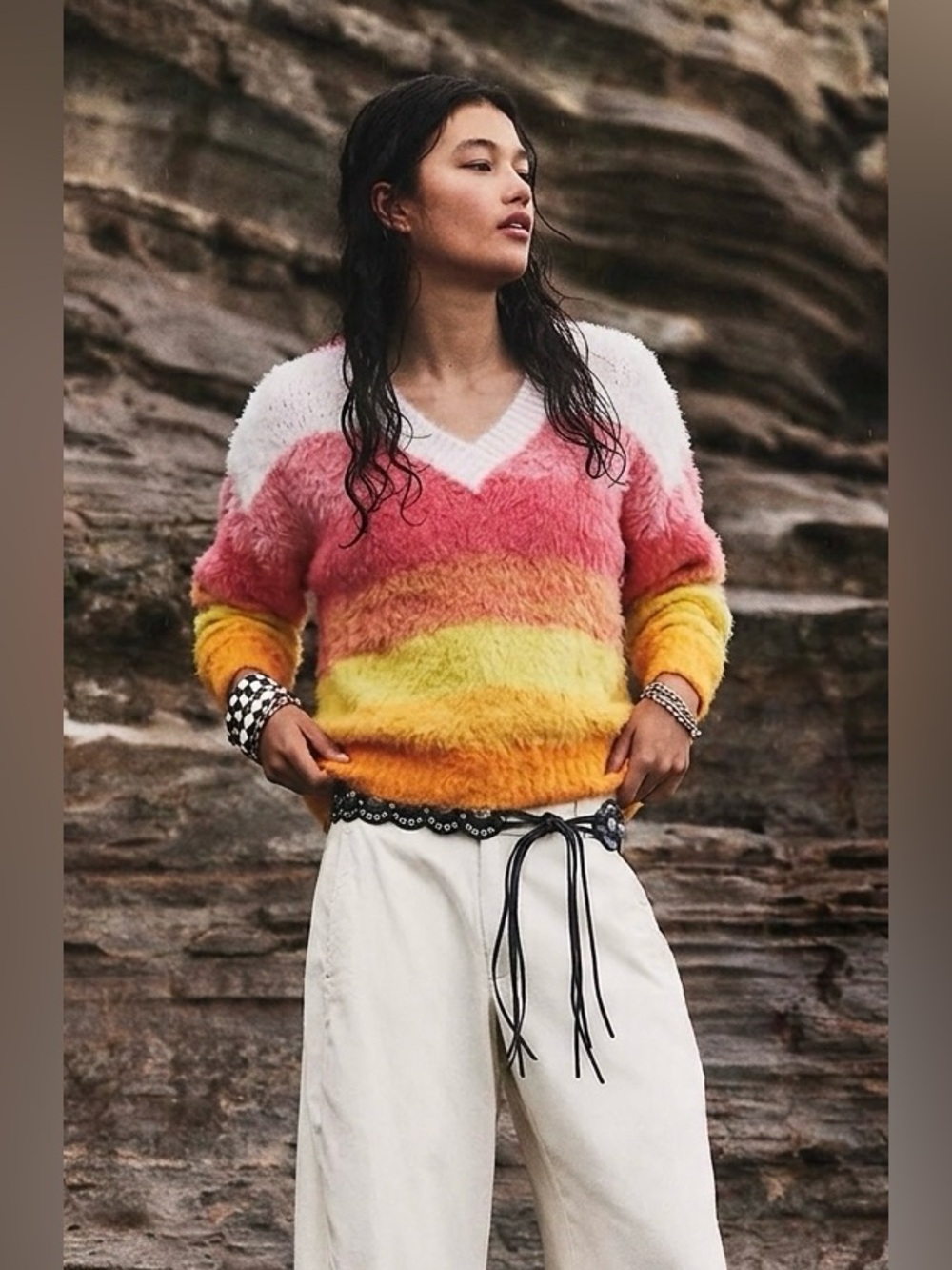 Anthropologie V Neck Fuzzy Striped Sweater Sz Medium Cozy Boho Whimsical Preppy